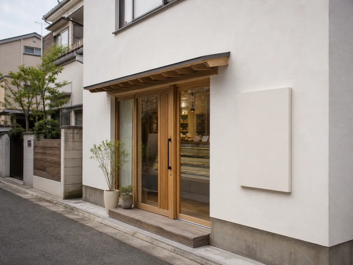 住宅街にある白い壁の小さな洋菓子店の外観