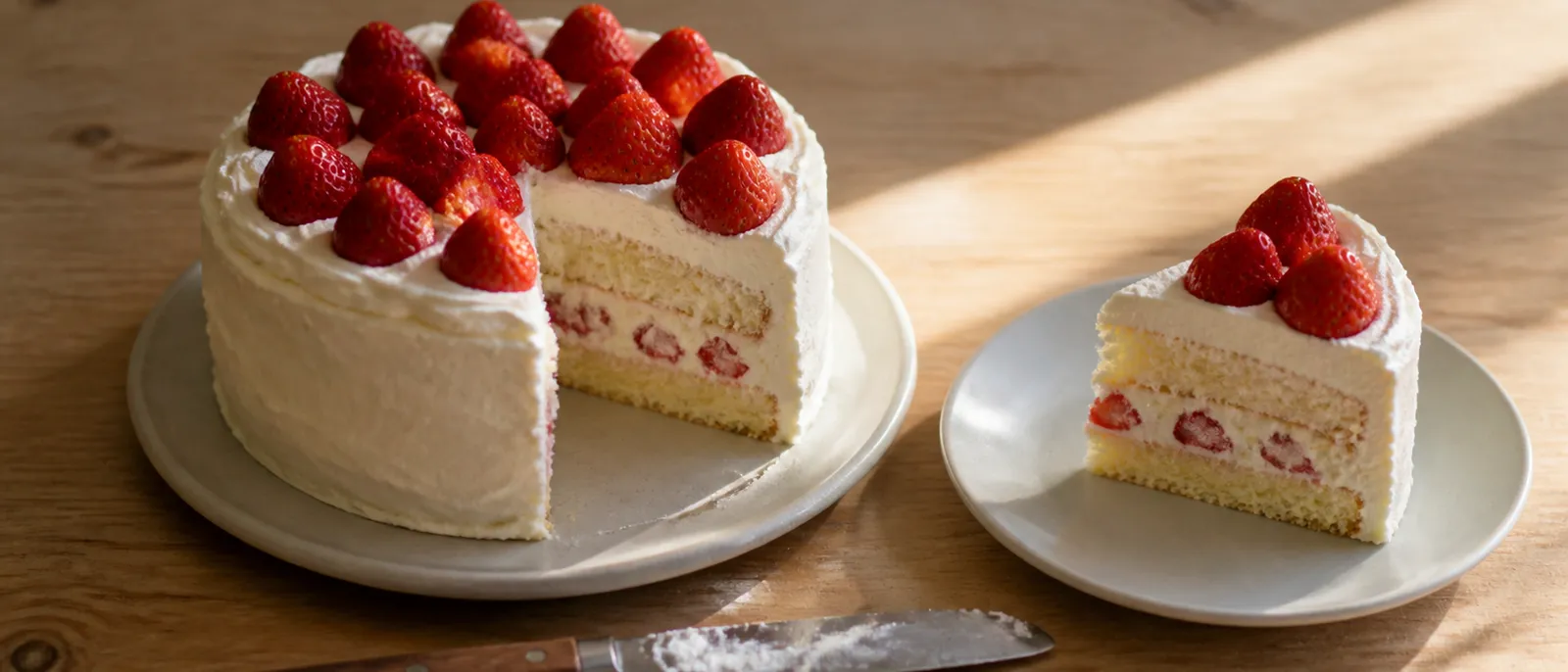 木のテーブルの上で切り分けられた、いちごのショートケーキ。断面に苺が並んでいる