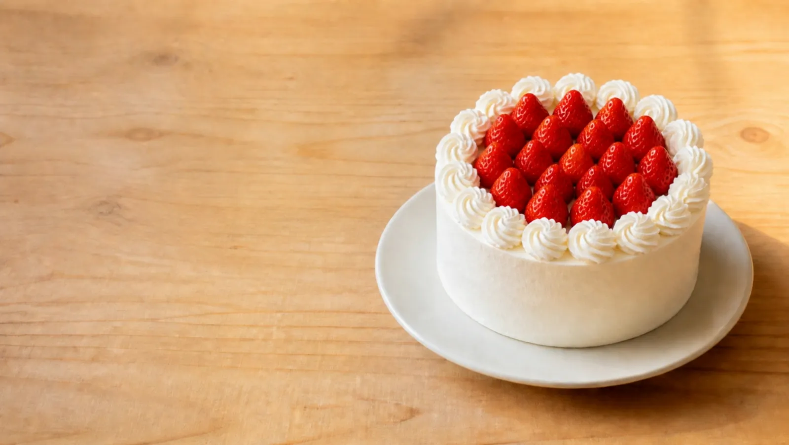 生クリームといちごで仕上げたホールケーキ