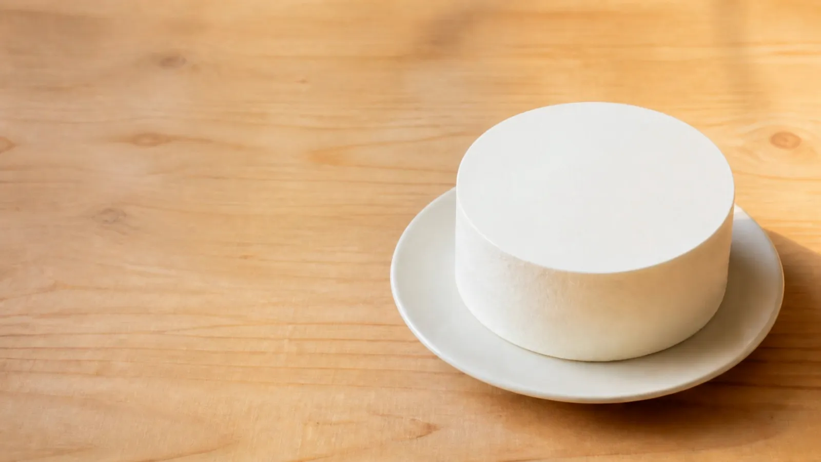 木のテーブルに置かれた、生クリームで仕上げたホールケーキ